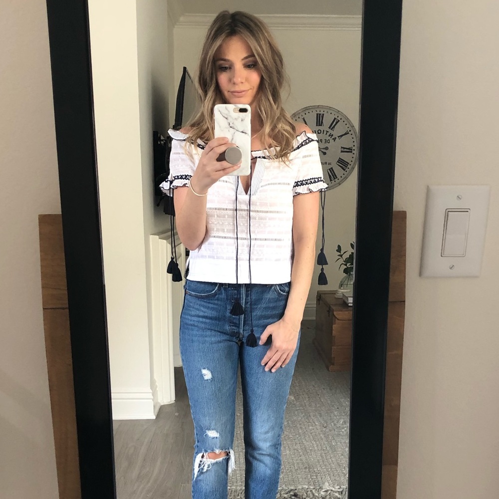 Saylor White Eyelet Blouse with Navy Tassels